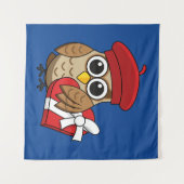 Tenture Chouette mignonne avec béret rouge et boîte cardia (Devant (Horizontal))