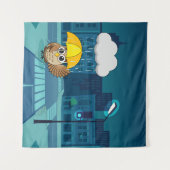Tenture Chouette mignonne avec parapluie le jour de la plu (Devant (Horizontal))