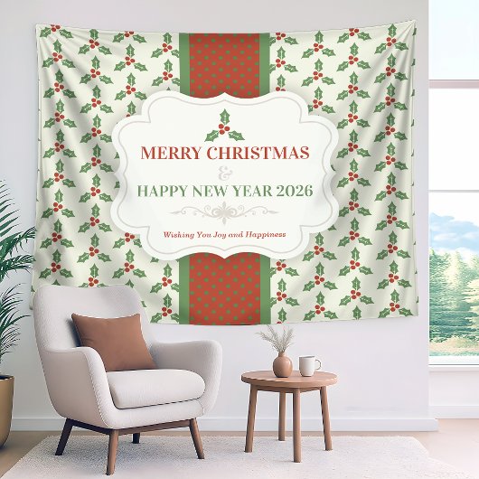 Tenture Christmas Holly Pattern Green Holly Red Berries