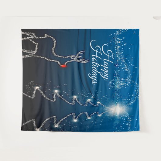 Tenture Christmas Party Reindeer Tree Blue Sky Shiny Stars (Devant (Horizontal))