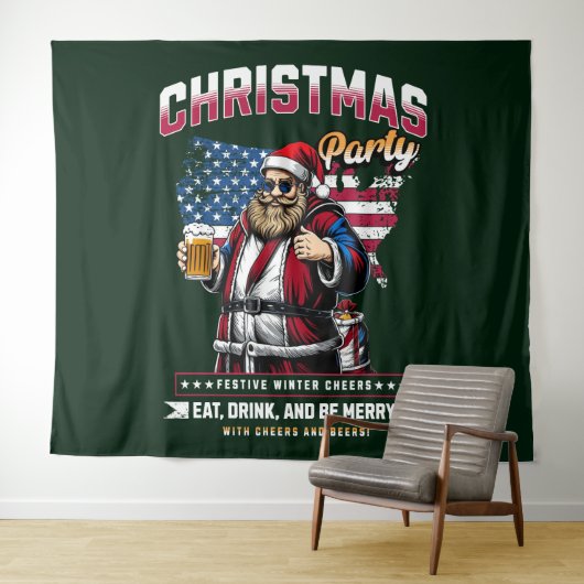 Tenture Christmas Party Santa Tapestry | Festive Wall Deco (En situation (horizontale))