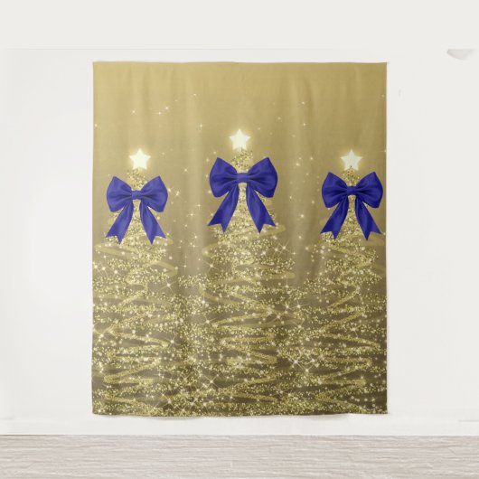 Tenture Christmas Sparkling Trees Gold Faux Navy Bow (Devant)