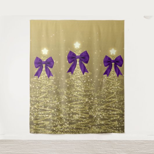 Tenture Christmas Sparkling Trees Gold Faux Purple Bow (Devant)