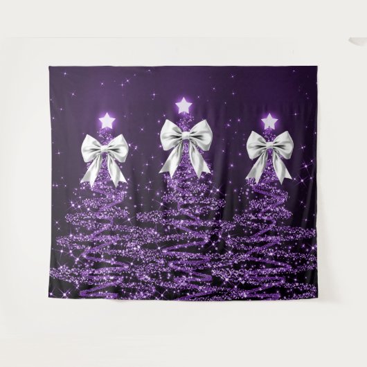 Tenture Christmas Sparkling Trees Purple Faux Silver Bow  (Devant (Horizontal))