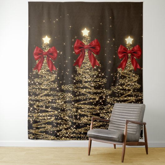 Tenture Christmas Sparkling Trees Red Gold Faux Bow (En situation)