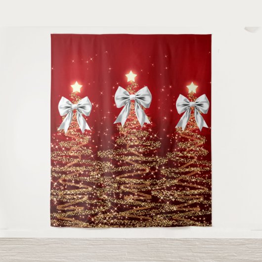 Tenture Christmas Sparkling Trees Red Gold Silver Bow  (Devant)