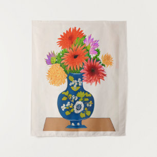 Tenture Chrysanthèmes dans un vase chinois bleu