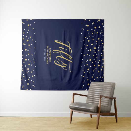 Tenture Cinquante | Gold & Navy 50th Birthday Party Contex (En situation (horizontale))