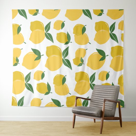 Tenture Citron Motif Fruit Rétro Jaune Sur Blanc (En situation (horizontale))