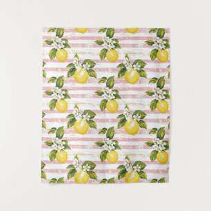 Tenture Citrons et fleurs vintages sur bandes rose et blan