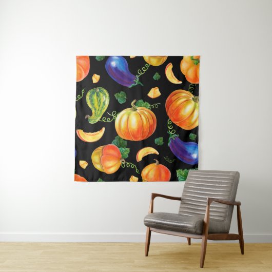 Tenture Citrouille orange, courgettes rayées, aubergine bl (En situation)