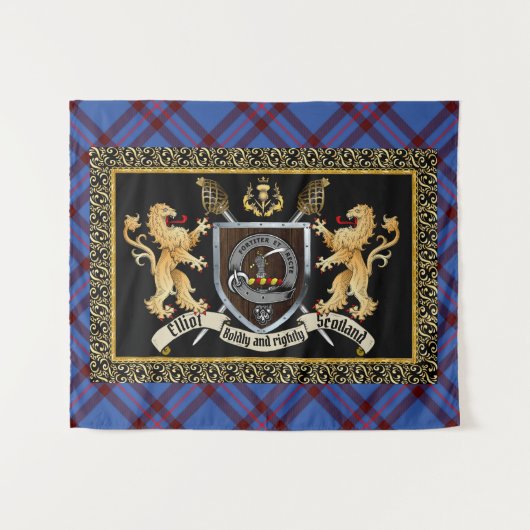 Tenture Clan Elliot Badge & Devise avec Lions (Devant (Horizontal))