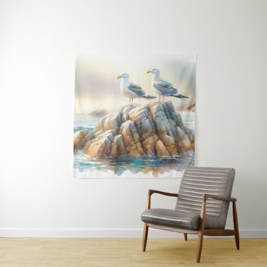Tenture Coastal Seagulls Watercolor Seascape (En situation)