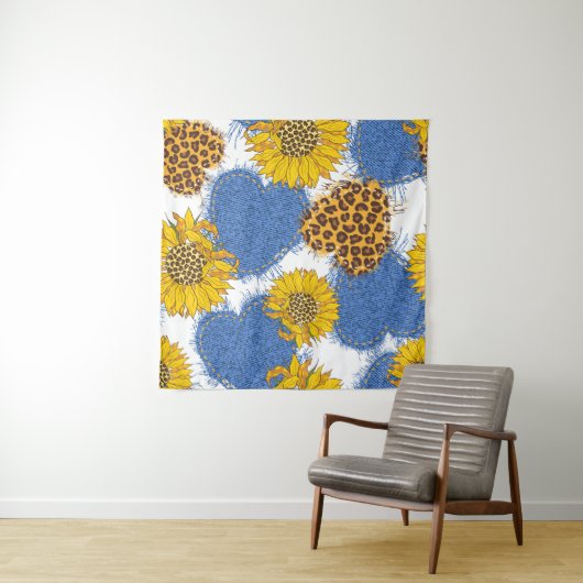 Tenture Coeurs Denim en tissu avec bords déchirés et le (En situation)