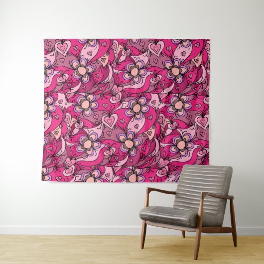 Tenture Coeurs et fleurs roses mignons motif (En situation (horizontale))