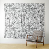 Tenture Colibris et fleurs d'hibiscus b&w (En situation (horizontale))