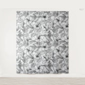 Tenture Colibris et fleurs d'hibiscus b&w (Devant)