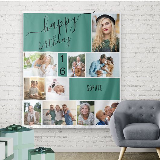 Tenture Collage de 10 Photos Personnalisé Vert Tout Âge