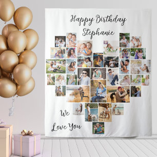 Tenture Collage de 36 photos en forme de cœur Joyeux Anniv