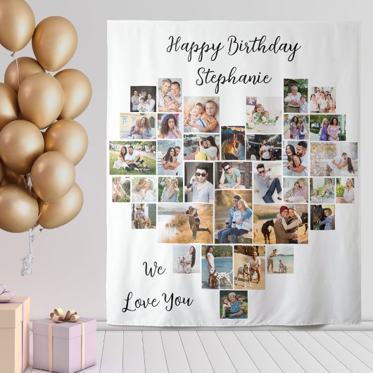 Tenture Collage de 36 photos en forme de cœur Joyeux Anniv