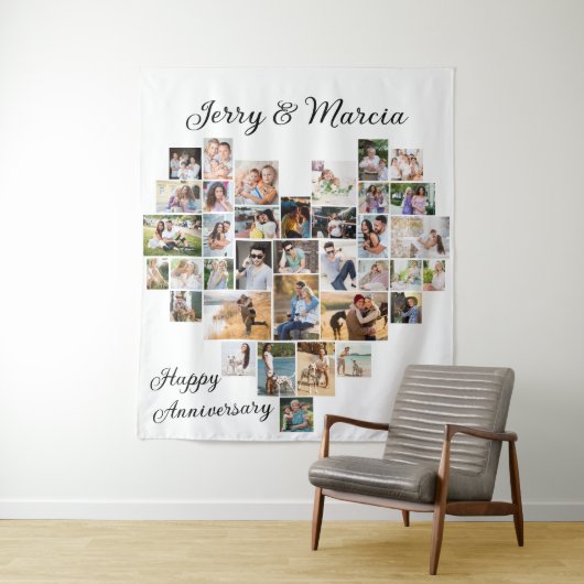 Tenture Collage de 36 photos en forme de cœur pour anniver (En situation)
