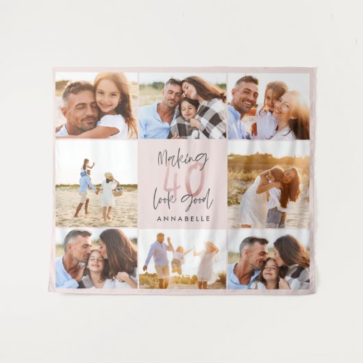 Tenture Collage photo de 40 ans d'anniversaire rose paille (Devant (Horizontal))