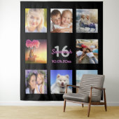 Tenture collage photo noir pour 16ème anniversaire (En situation)
