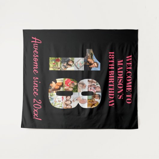 Tenture Collage photo pour 18ème anniversaire Fond rose et (Devant (Horizontal))