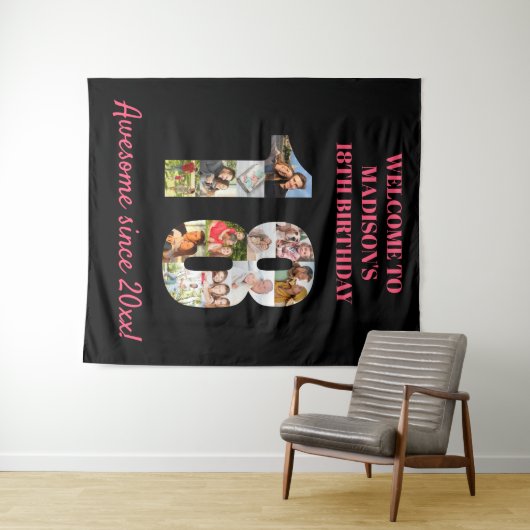 Tenture Collage photo pour 18ème anniversaire Fond rose et (En situation (horizontale))