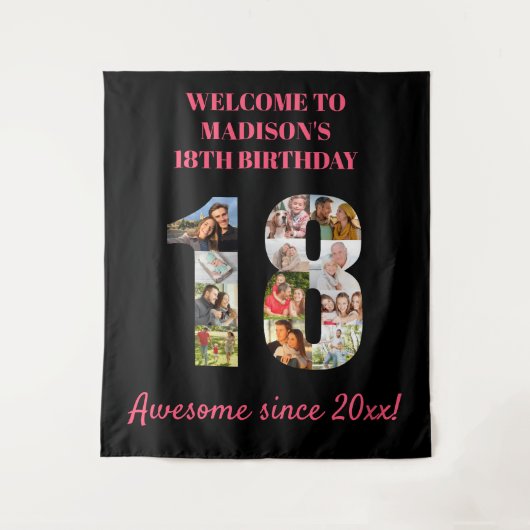 Tenture Collage photo pour 18ème anniversaire Fond rose et (Devant)