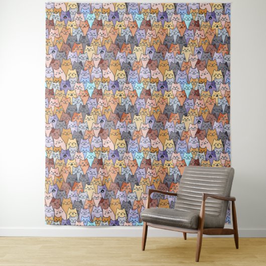 Tenture Coloré Cute Chat Crowd Motif Whimsical Chat Visage (En situation)