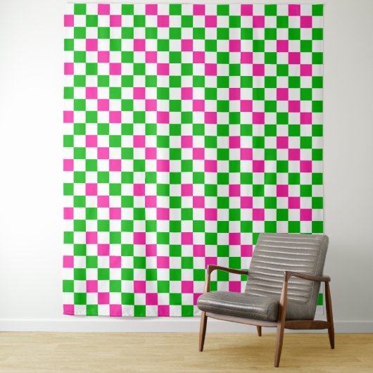Tenture Conception à carreaux rose blanc vert (En situation)