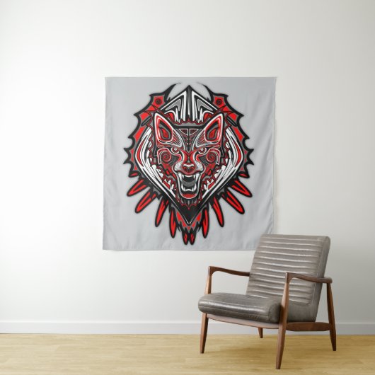 Tenture Conception de totem tribal Haida de loup (En situation)
