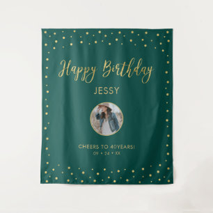 Tenture Confettis Or & Vert Photo Joyeux Anniversaire