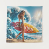 Tenture Confident Surfer Girl Walking Beach Waves Art (Devant)