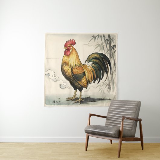 Tenture Coq doré art japonais (En situation)