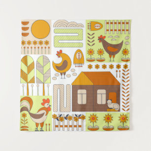 Tenture Coq et deux poules, oeufs, fleurs, maison, drawin
