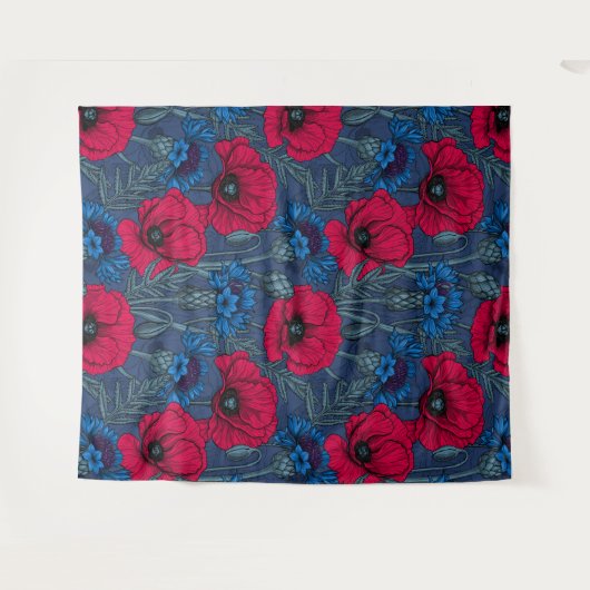 Tenture Coquelicots rouges et fleurs bleues sur bleu (Devant (Horizontal))