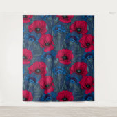 Tenture Coquelicots rouges et fleurs bleues sur bleu (Devant)