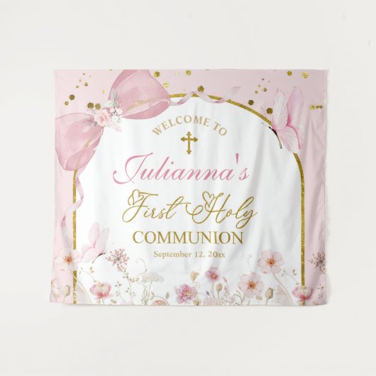 Tenture Coquette Blush Pink Butterfly First Holy Communion (Devant (Horizontal))