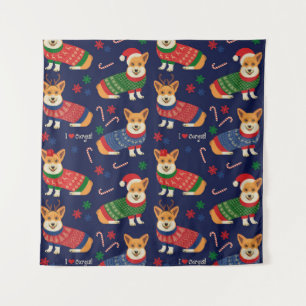 Tenture Corgis de Noël : Illustration Vintage festive.