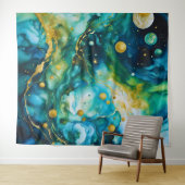 Tenture Cosmos d'encre d'alcool bleu vert or (En situation (horizontale))