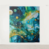 Tenture Cosmos d'encre d'alcool bleu vert or (Devant)