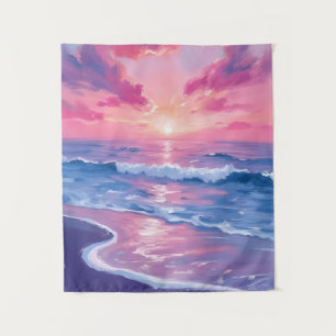 Tenture Coucher de soleil océan rose vagues aquarelle