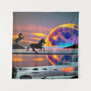 Tenture Coucher de soleil violet, licornes, Pleine lune su