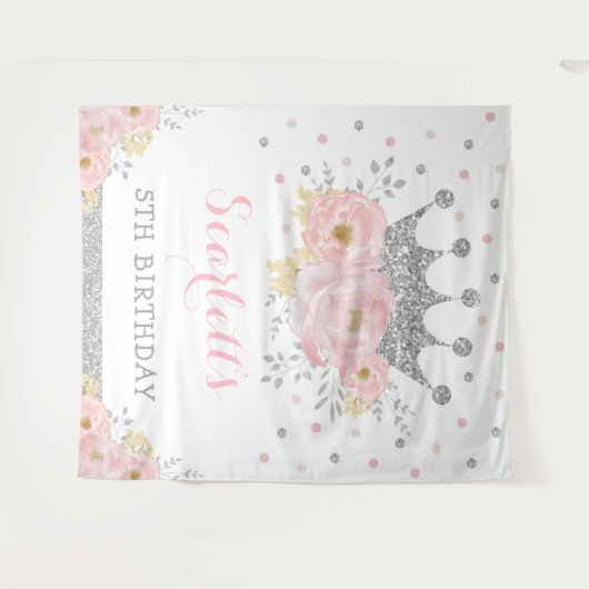 Tenture Couronne bébé anniversaire Princesse Fleurs rose a (Devant (Horizontal))