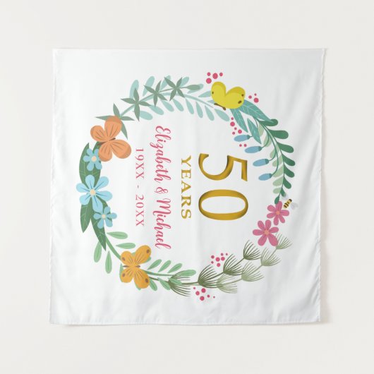 Tenture Couronne de fleurs papillon dorée du 50e anniversa (Devant (Horizontal))