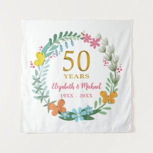 Tenture Couronne de fleurs papillon dorée du 50e anniversa
