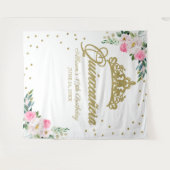 Tenture Couronne de Quinceanera or Fleurs roses Chaud Fond (Devant (Horizontal))