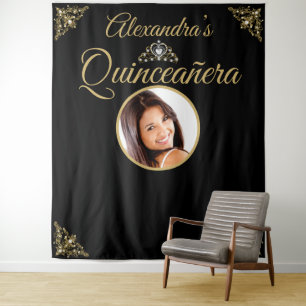 Tenture Couronne de Tiare Noir Or pour Photo de Quinceaner